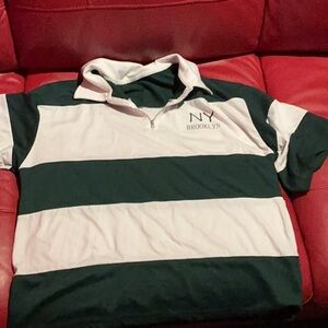 SHEIN Green & White Striped Half-Zip Polo